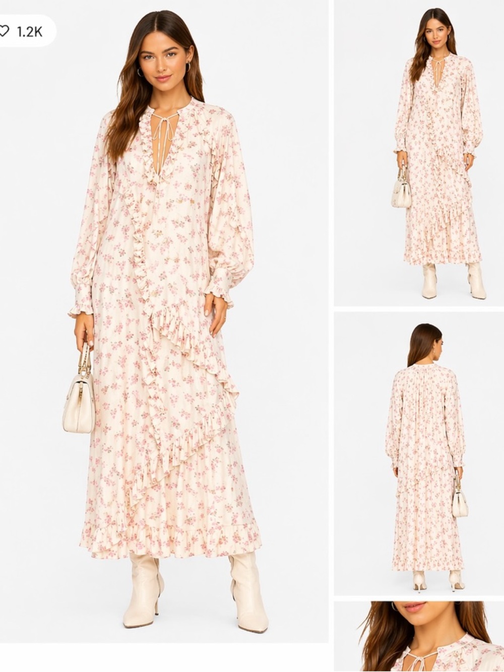 Romantic Floral Ruffle Maxi Dress in Cream and Pink